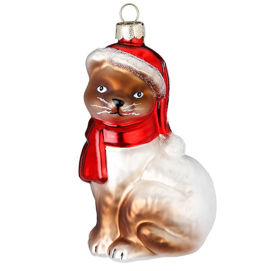 Glazen Kerstbal - Bruin/Witte kat met muts