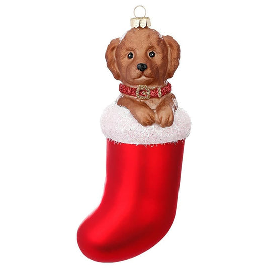 Glazen Kerstbal - Bruine hond in sok