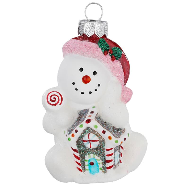 Glazen Kerstbal - Sneeuwpopje met huis of ster (verkrijgbaar vanaf september)