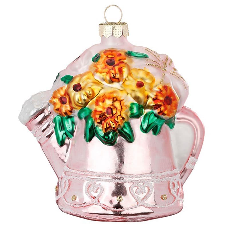 Glazen Kerstbal - Gieter met boeket bloemen