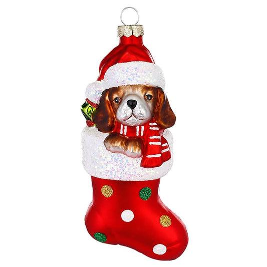 Glazen Kerstbal - Bruine hond in sok