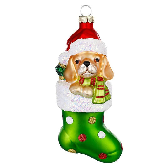 Glazen Kerstbal - Golden hond in sok