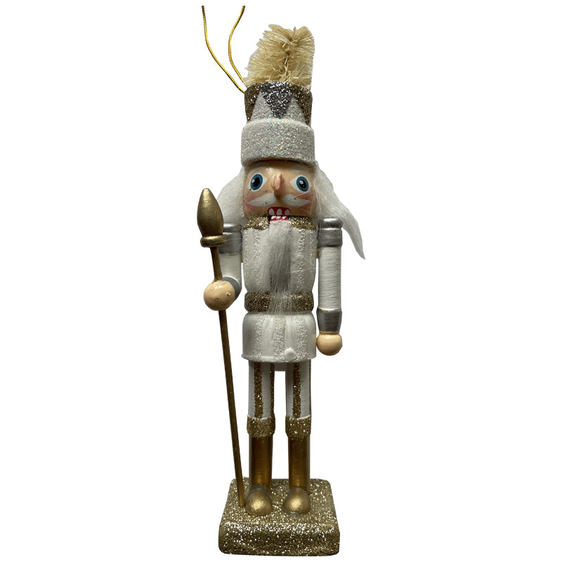 Kerstornament - Houten nutcracker goud met wit