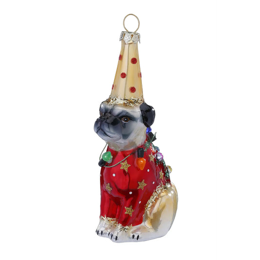 Glazen Kerstbal - Mopshond in kerstpak (verkrijgbaar vanaf september)