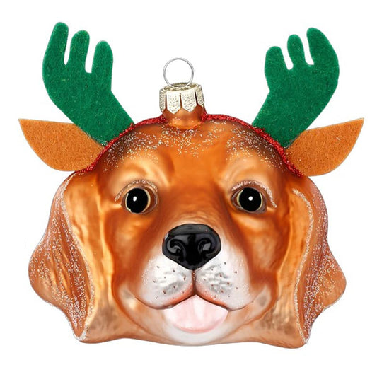 Glazen Kerstbal - Golden hond met kerstmuts (verkrijgbaar vanaf september)