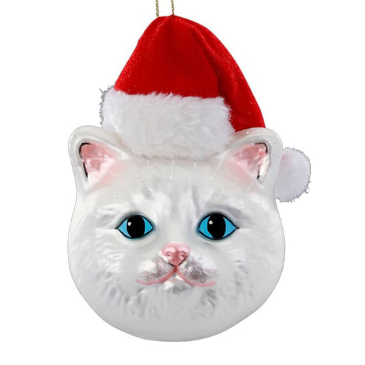 Glazen Kerstbal - Witte poes met kerstmuts (verkrijgbaar vanaf september)