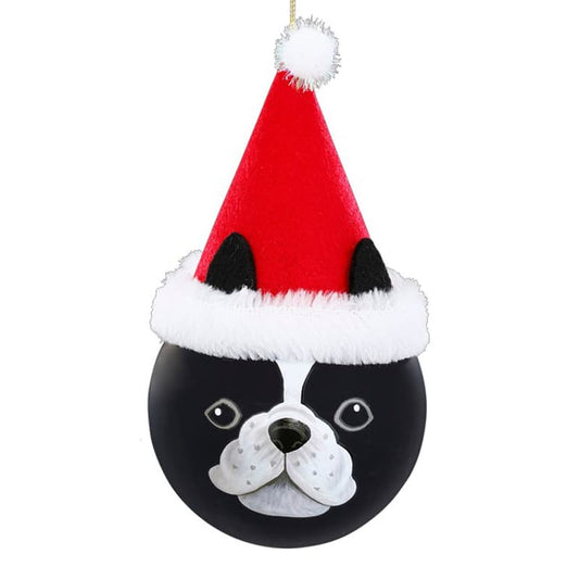 Glazen Kerstbal - Zwart/witte hond met kerstmuts (verkrijgbaar vanaf september)