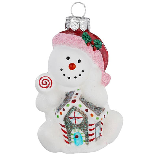 Glazen Kerstbal - Sneeuwpopje met huis of ster (verkrijgbaar vanaf september)