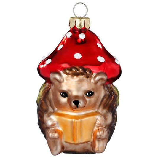 Glazen Kerstbal - Egel met paddenstoel en boek (verkrijgbaar vanaf september)