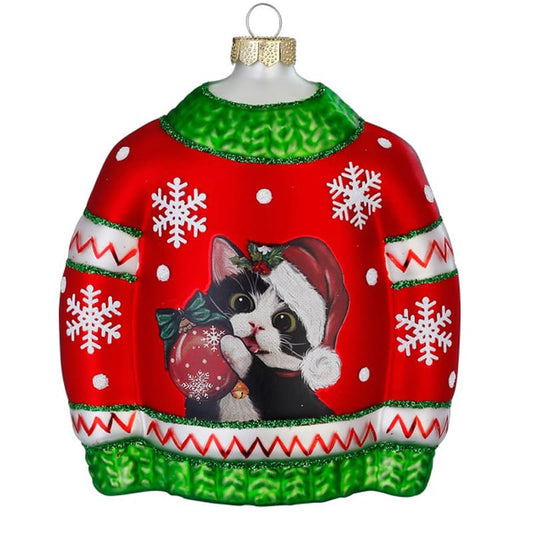 Glazen Kerstbal - Kersttrui met poes (verkrijgbaar vanaf september)
