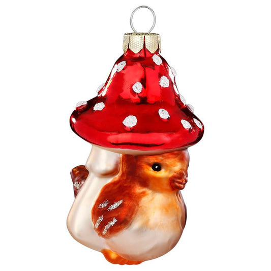 Glazen Kerstbal - Roodborstje onder paddenstoel (verkrijgbaar vanaf september)