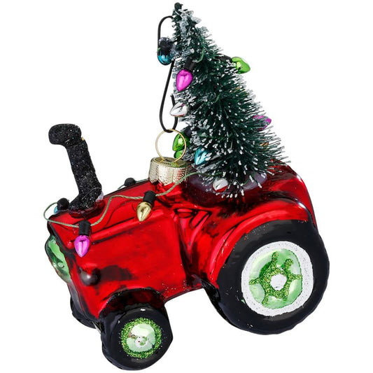 Glazen Kerstbal - Tractor met kerstboom (verkrijgbaar vanaf september)