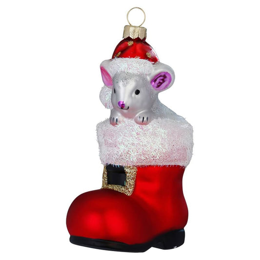 Glazen Kerstbal - Kerstlaars met muis (verkrijgbaar vanaf september)